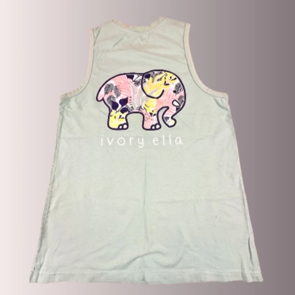 Ivory Ella Womens GREEN Tank Top Organic Cotton Floral Elephant Graphic SMALL